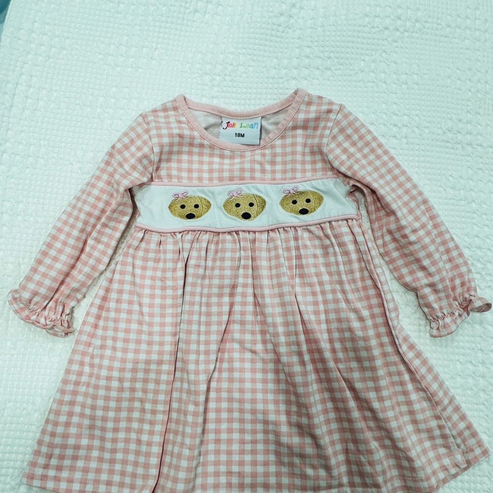Jelly Bean Pink Checkered Dress with Dog Accents, embroidered dog dress